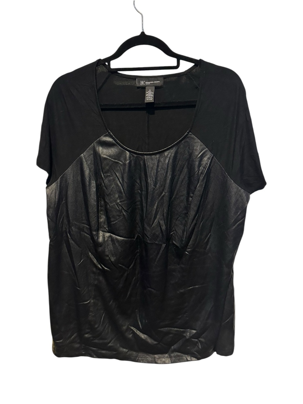 INC International Concepts Black Faux-Leather Front Stretchy Knit Scoop Neck Top